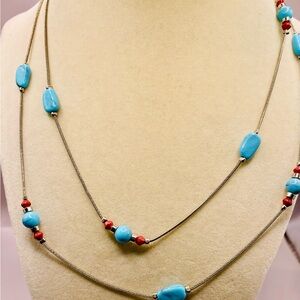 Turquoise and Red Bead Station Necklace. Silver tone. 36 inches long.